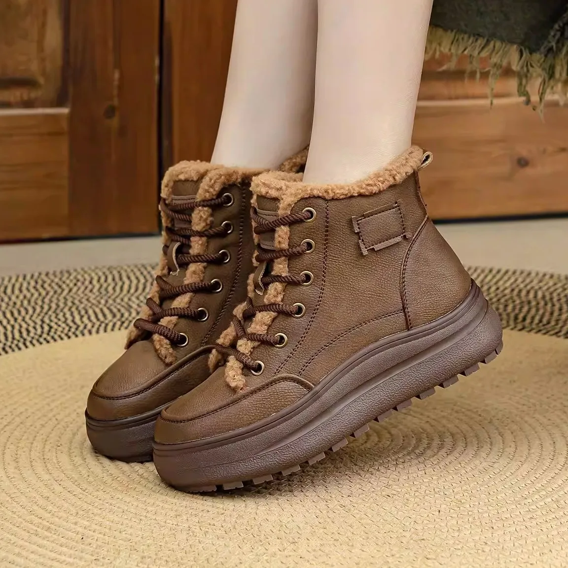 

Thickened Winter Boots Cotton Shoes Fleece Lined Snow Boots 5cm Heel Ankle Boots round Toe Flat Heel Rubber Sole