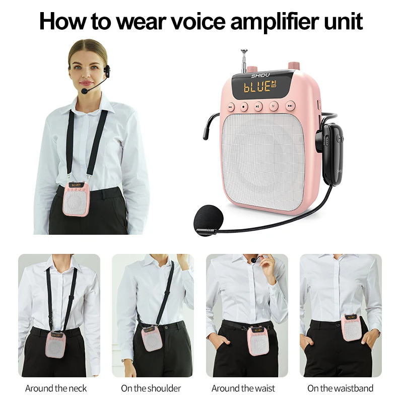 SHIDU-miniamplificador inalámbrico S358, 10W, Guía para reuniones, auriculares, micrófono, amplificador de voz inalámbrico