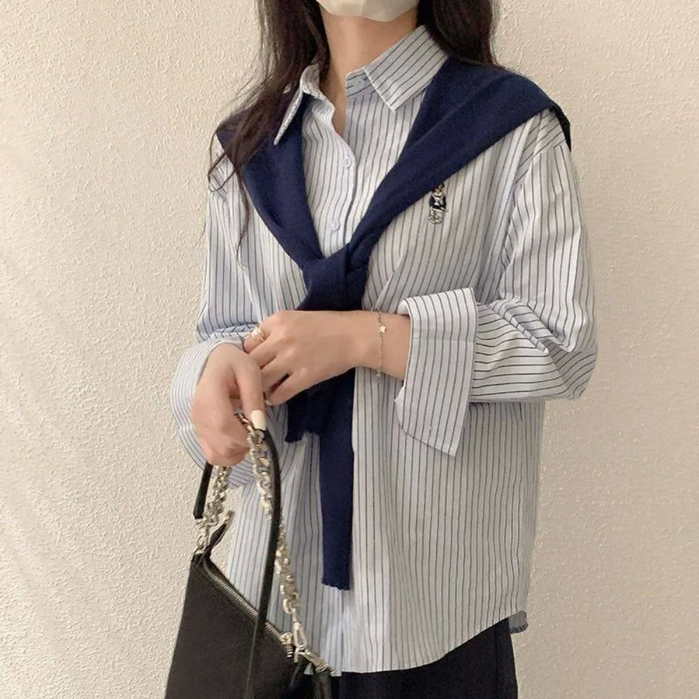 

Chic Y2K Striped Shirts Women Embroidery Bear Button Up Long Sleeve Blouse Outfits Loose Two Pieces Shirts Set Spring Autumn