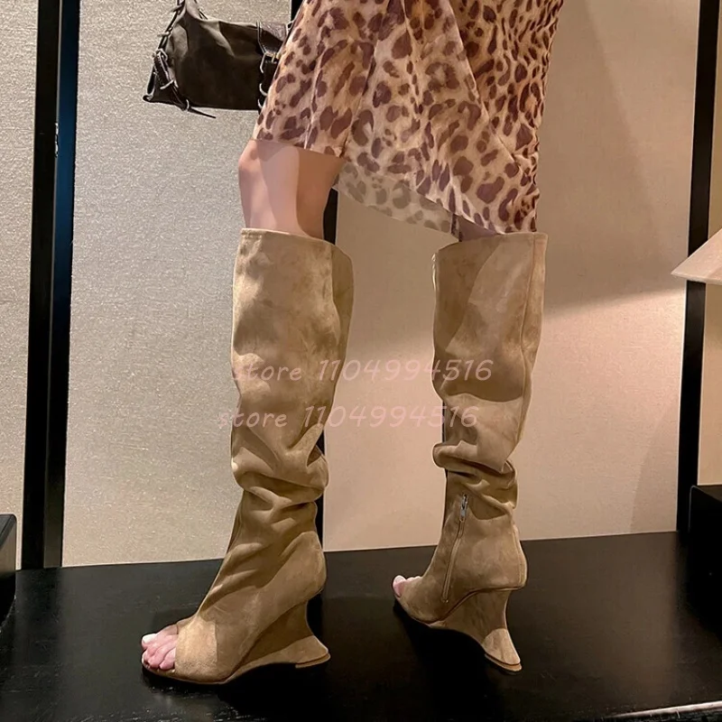 Fretwork Pleated Wedges Knee High Boots Women Side Zip Peep Toe Sandals Summer Cool Shoes Lady Sexy Evening Dress Party Shoes