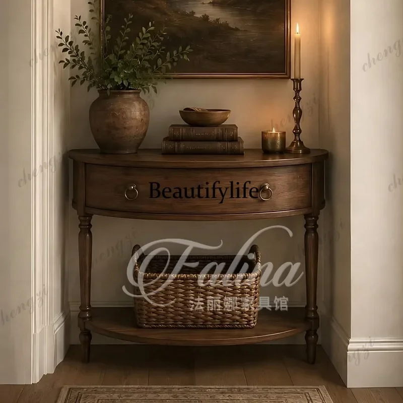 C178  French retro solid wood entrance table foyer semicircular entrance cabinet living room case end view table