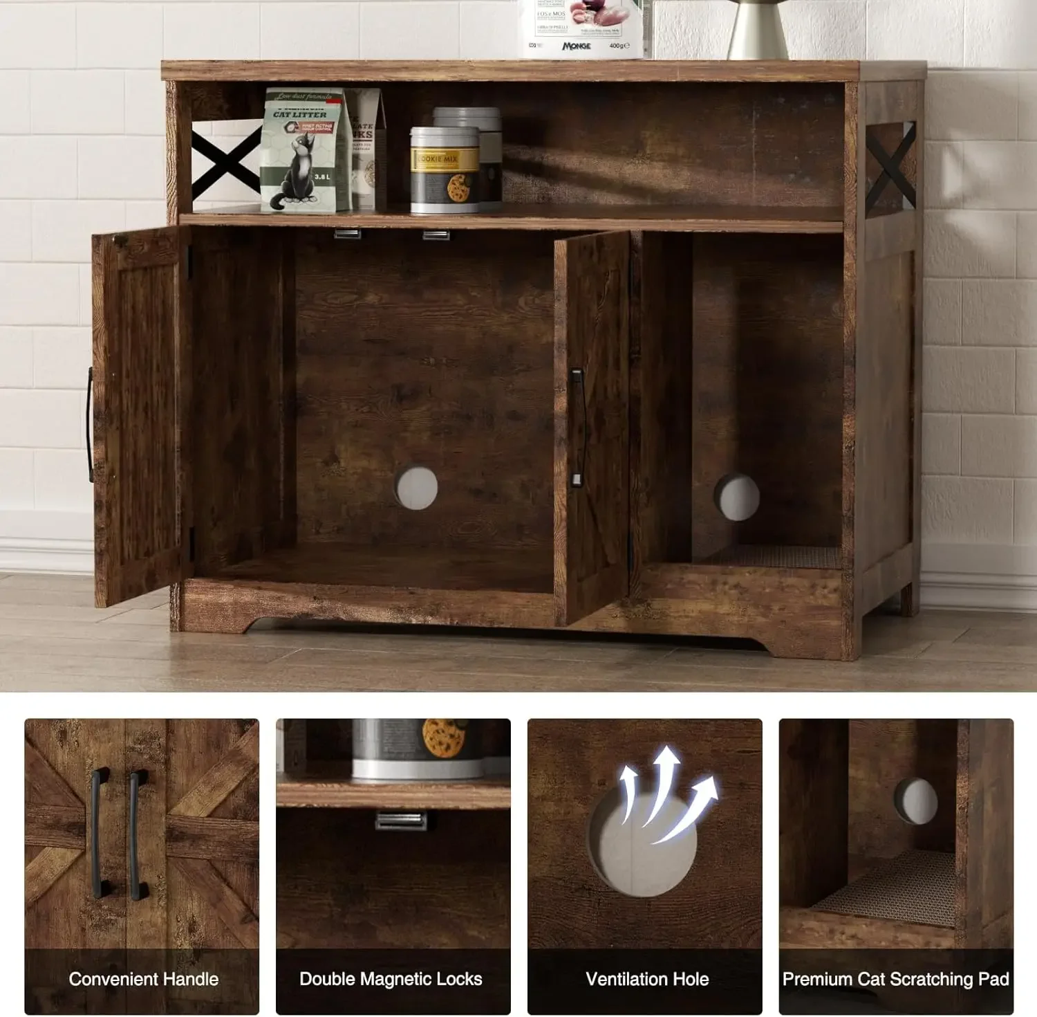 [سعر مخفض، حار بيع! ] حاوية صندوق فضلات القطط، أثاث صندوق فضلات مخفي مع وسادة خدش، بيت قطط داخلي للمزرعة