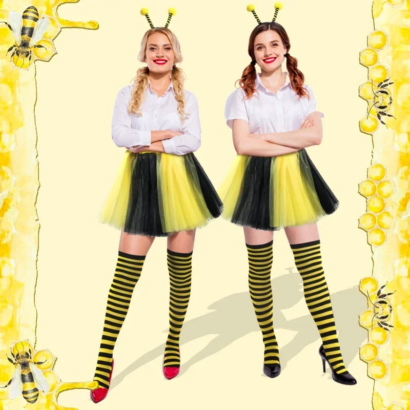 Halloween Cosplay Women Kids Yellow Honey Bee Costume Set Antenna Headband Tutu Skirt Striped Stocks Gloves Dance Stage Props