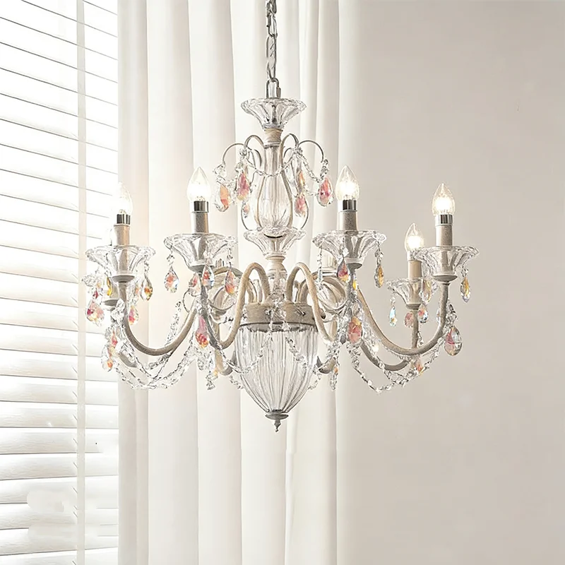 Modern White Candle E14 Led Chandelier French Romantic Crystals Pendant Lights Indoor Lighting Hanging Lamp Luminarias Home Deco