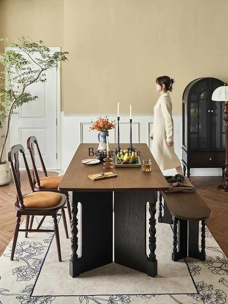04French retro solid wood dining table household dining table multi-functional conference desk