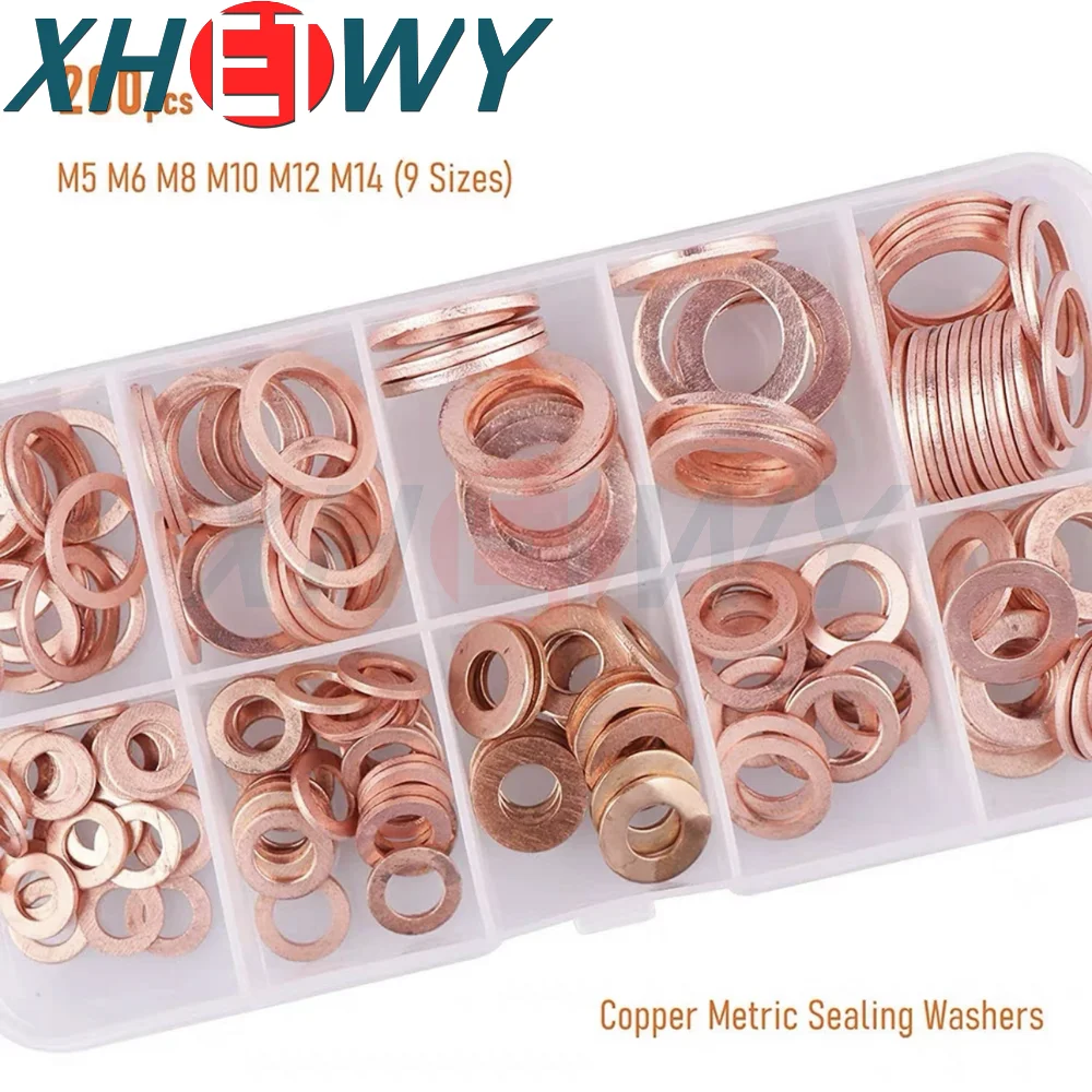 Copper Washer Gasket Nut and Bolt Set Flat Ring Seal Assortment Kit with Box M5/M6/M8/M10/M12/M14M16/M20 for Sump Plugs
