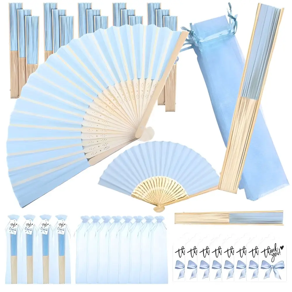 30/60pcs Light Blue DIY Blank Paper Folding Fans Gift Pouches with Bow Tags Beach Wedding Guest Giveaways YMY