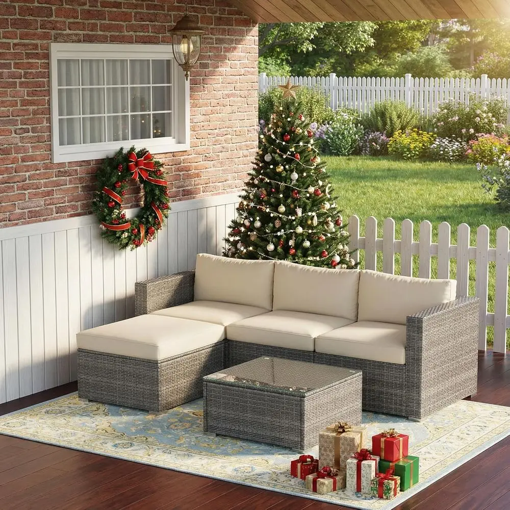 

Outdoor Patio Furniture Set, All Weather Wicker Rattan Sectional Sofa Conversation Set with Cushions & Glass Coffee Table, Ideal