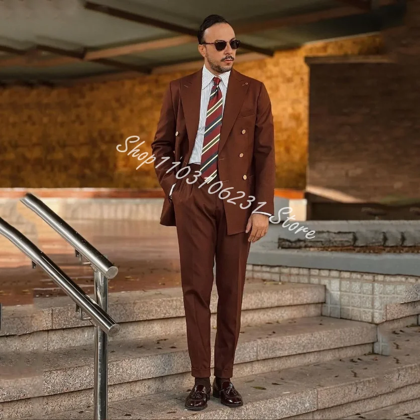 Men's Suit Peak Lapel Double Breasted Slim Fit Suits for Men 2 Piece Casual Formal Tuxedos Blazer Pants Trajes De Hombre