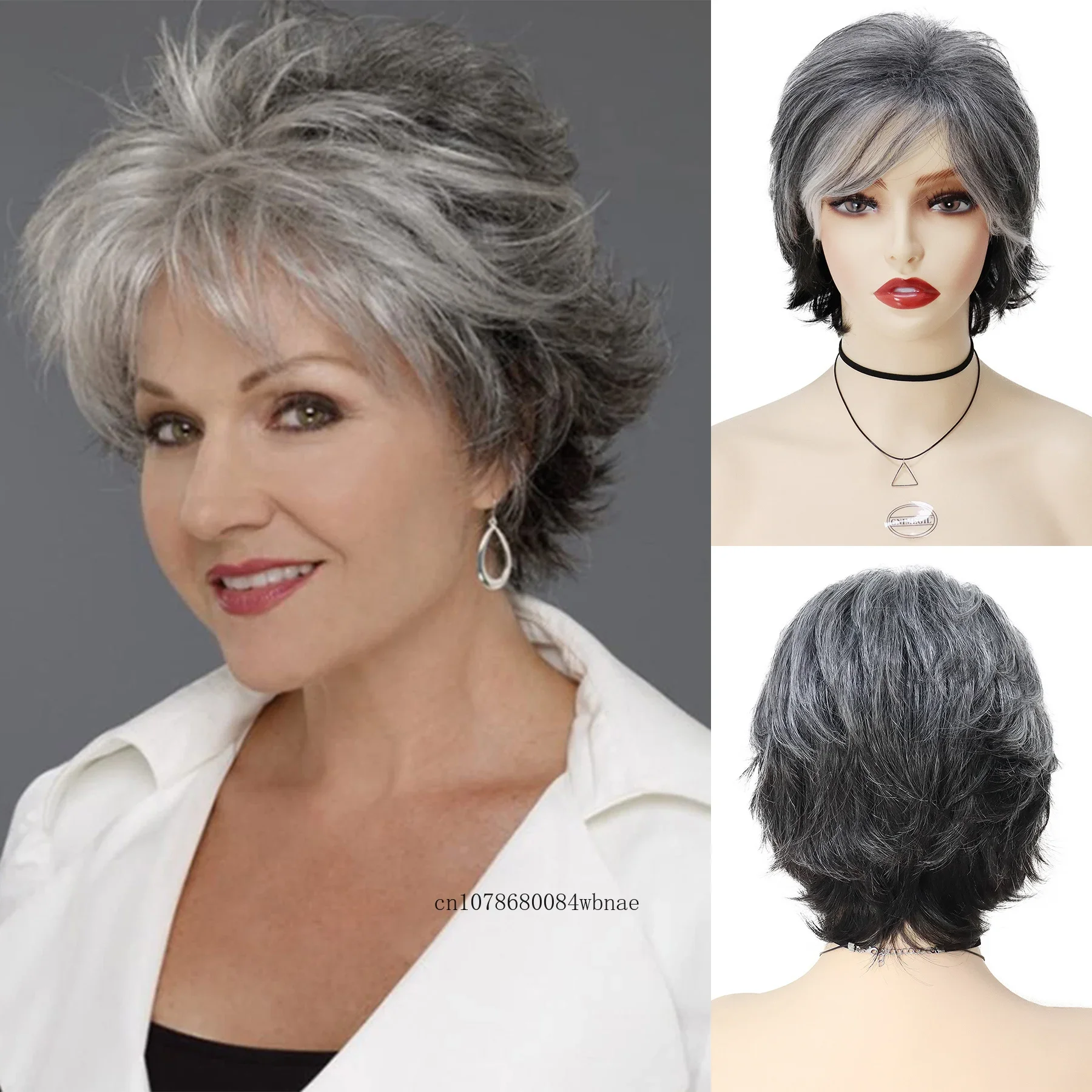 Natural Wave Wigs for Women Old Lady Ombre Grey Short Pixie Cut Wig with Bangs Daily Cosplay Grandma Gift Wig Heat Resistant