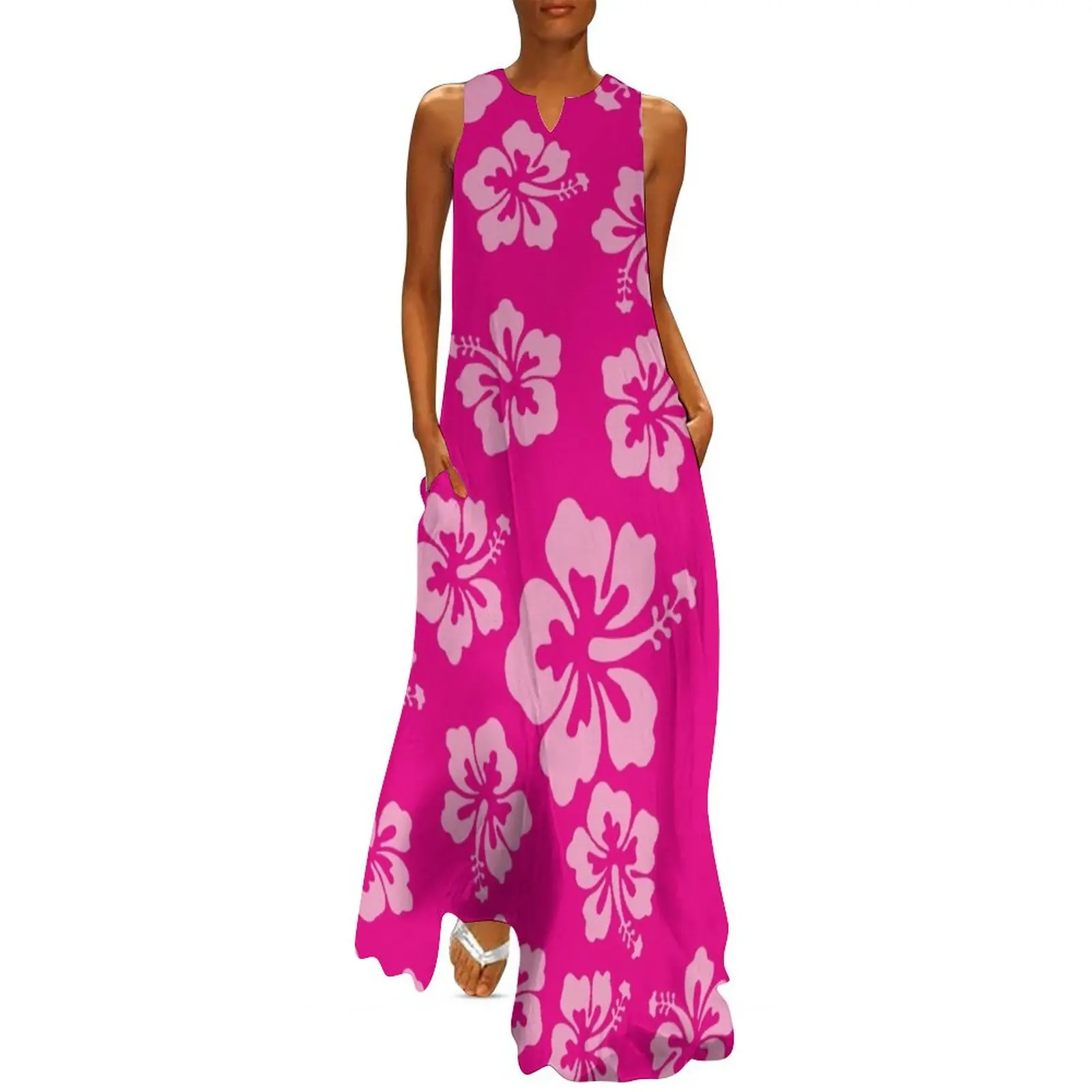 

Bright Pink Hibiscus Hawaiian Flower Aloha Long Dress womens dress summer clothes for women Dress