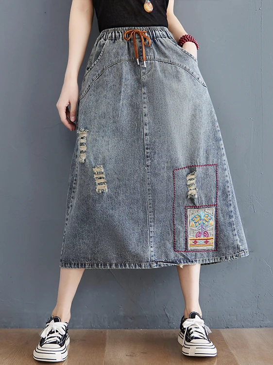 Retro bestickter Jeansrock für Damen, lässig, locker, A-Linie, Midirock, schlankmachend, hohe Taille, Vintage, Frühling, Sommer, Herbst, neue Ankunft...