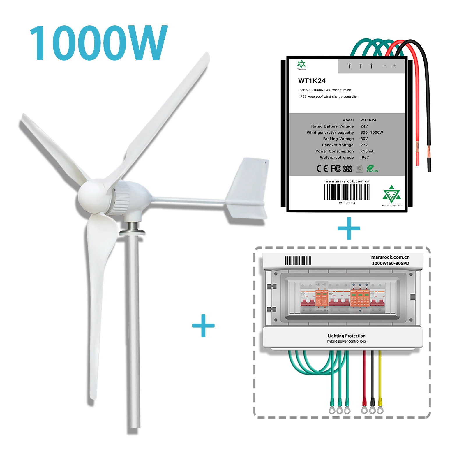 1000W 24V 48V Residential Wind Turbine Generator With Lightning Protection With Controller Powerful Small Windmill System