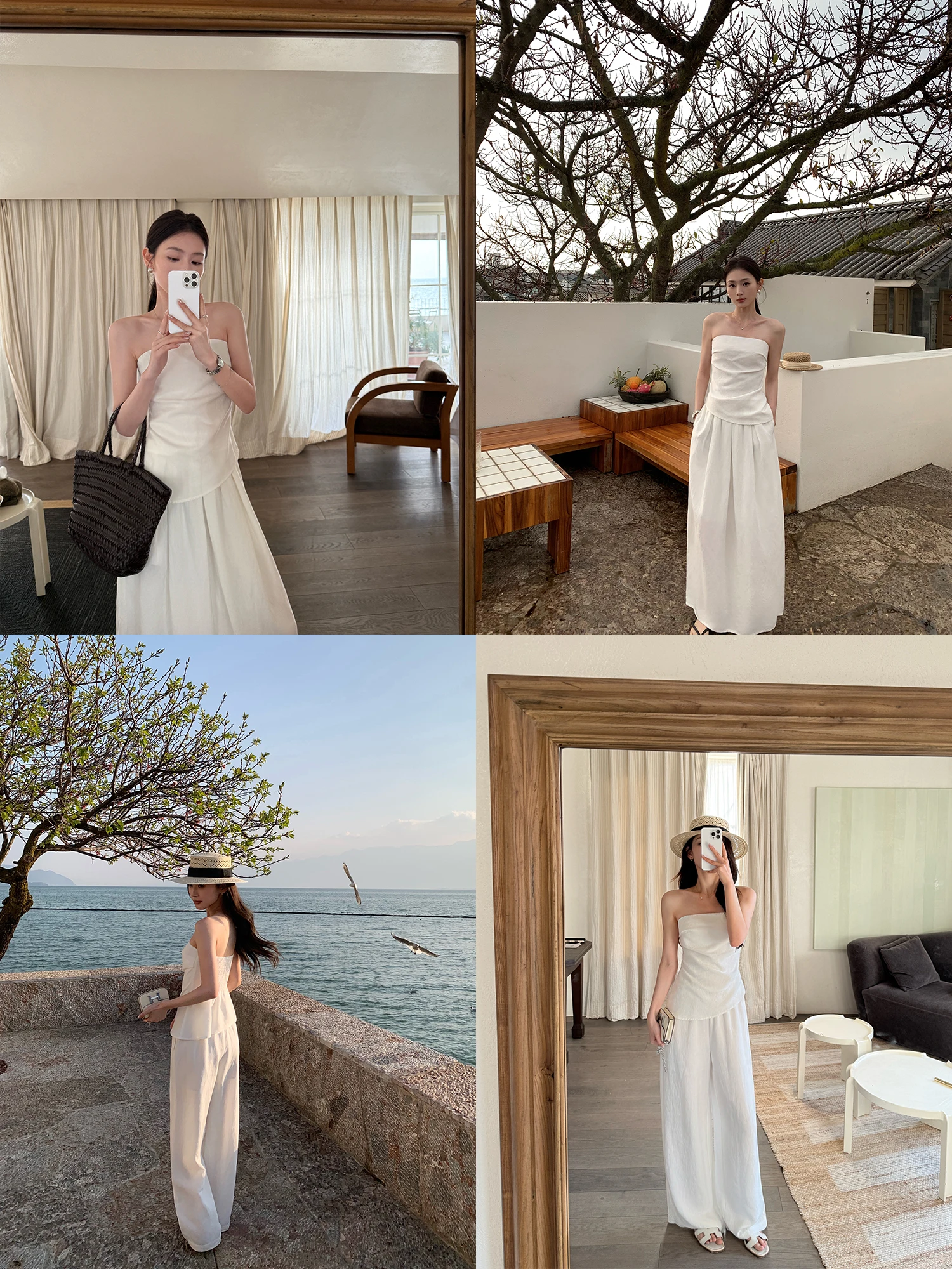 

Pusumede Classic Preppy Style Two-Piece Set with Halter Top And Pleated Skirt High Waist Wide Leg Pants for Women