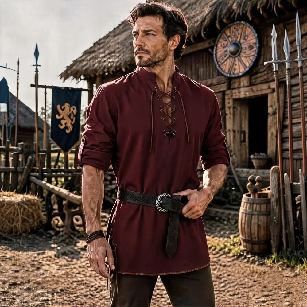 Men Vintage Medieval Viking Lace Up Shirt, Stand Collar Long Sleeve Renaissance Tunic for Halloween LARP Cosplay