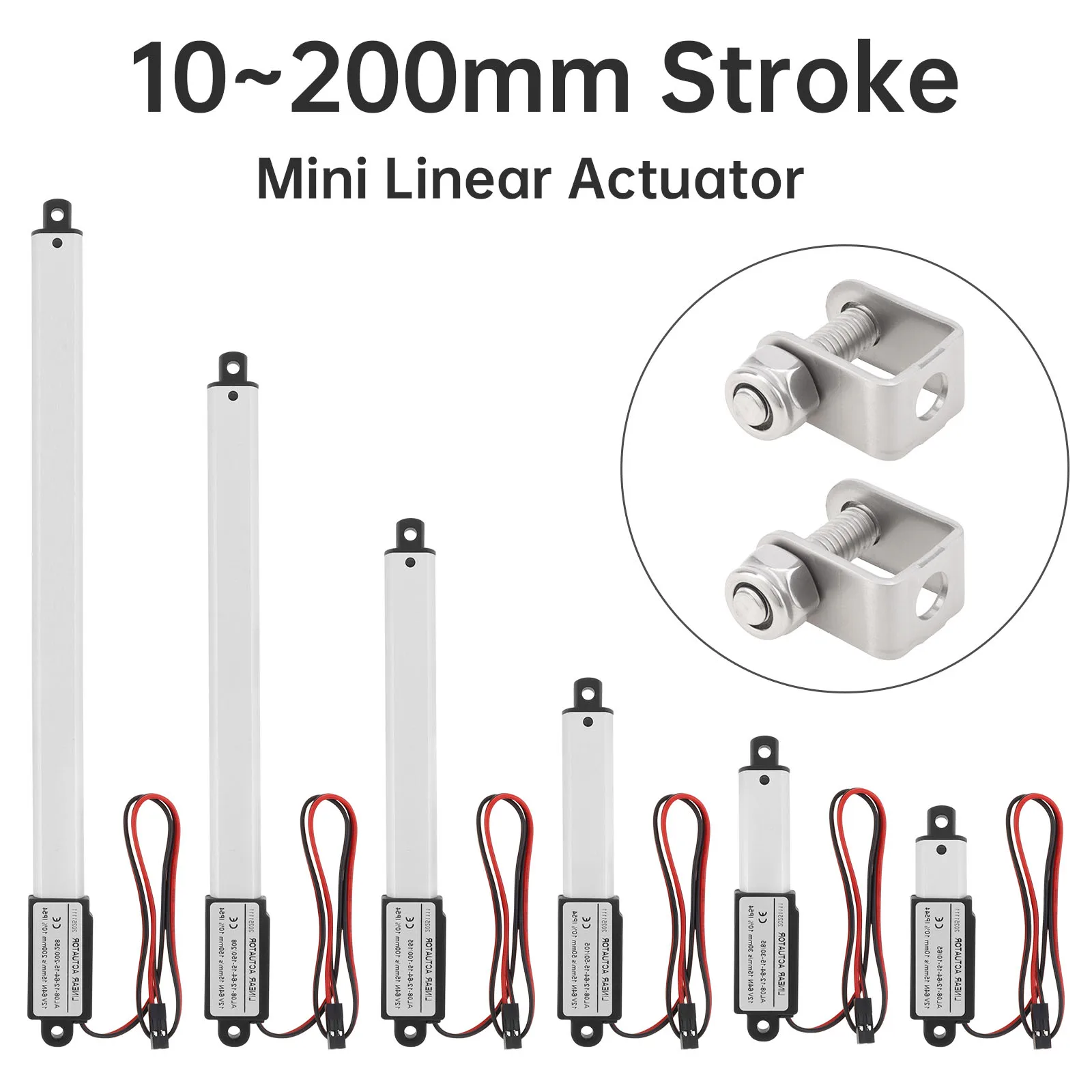Mini actuador lineal eléctrico de carrera de 10-200mm, 12V, 5 mm/s, 188N/42,26 libras, actuador de movimiento lineal de elevación alternativa con soporte