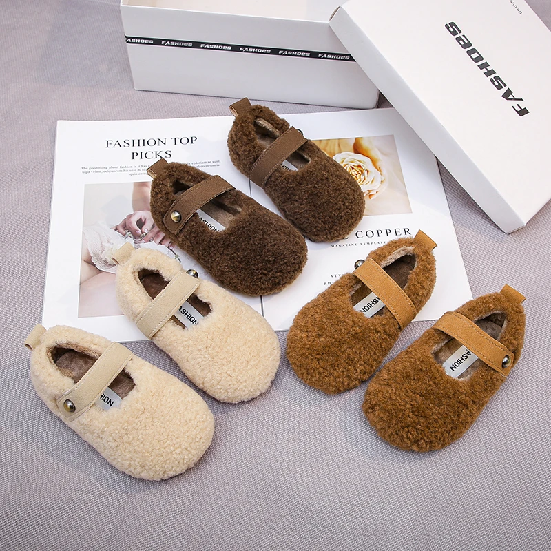 Kids Winter Shoes Furry Hairy Warm Girls Plush Shoes Versatile Flats Children's Fashion Causal Cotton Shoes Round-toe Simple