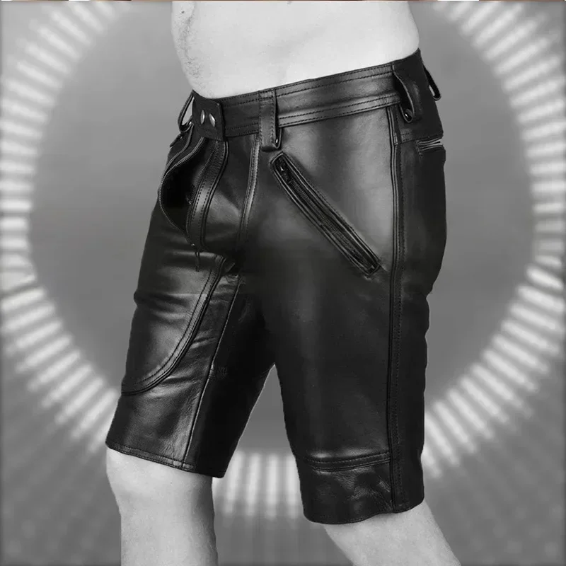 Exotic Zip Open-crotch Black Matte Leather Men's Shorts Male Sexy Low Waist PU Short with Pocket Nightclub Party Clubwear Custom