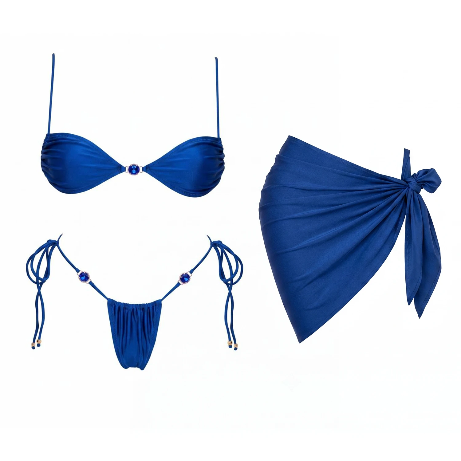 Diamond 3Pcs Sexy Bikini With Cover Up Women Swimsuit Swimwear Female Shiny Blue Swim Suit Bandeau Biquini Beachwear Bathingsuit