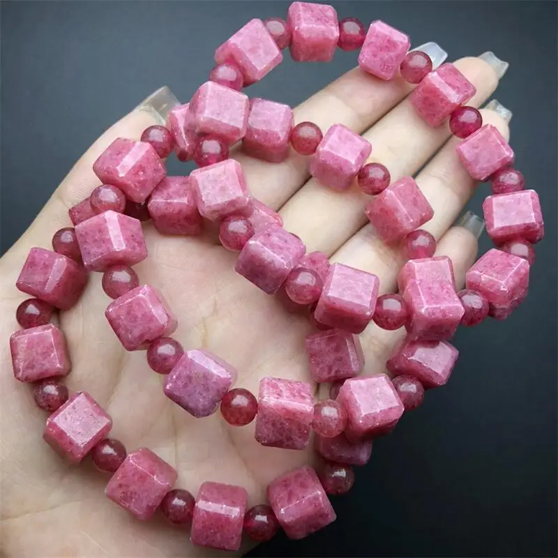 10MM Natural Rhodonite Cube Bracelet for Men Bracelet  Energy Crystal Aura Healing Yoga Elastic Couple Jewelry 1PCS