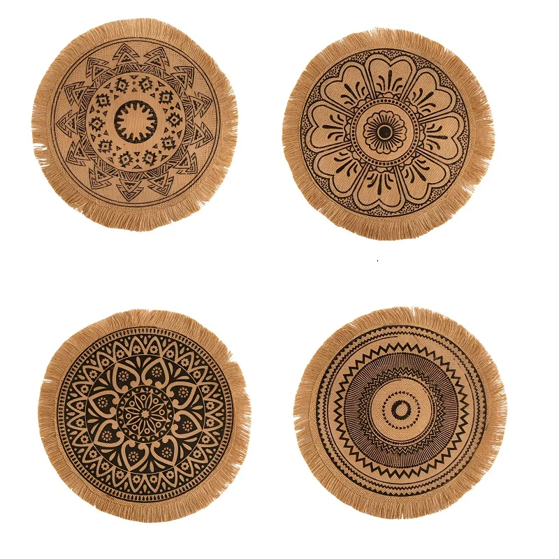 4Pcs Bohemian Style Round Heat-Insulating And Scalding-Proof Dining Mat With Diameter Of 38Cm Anti-Skid Tassel