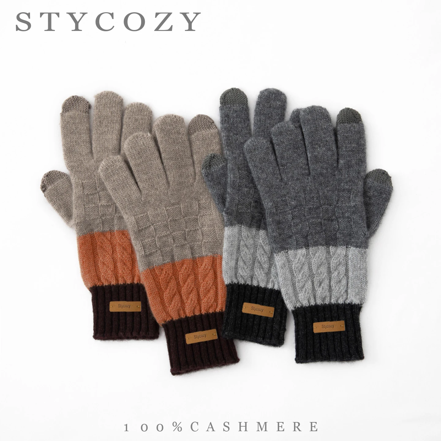 100% Cashmere Touchscreen Gloves Unisex Cable Knit Color Block Warm Full Finger Gloves Elastic Cuff Winter Mittens Riding Gift