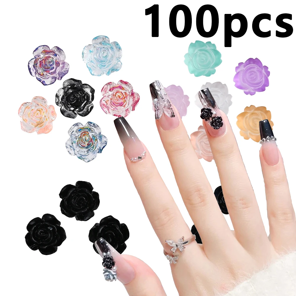 100Pcs 8mm Resin Black Camellia Flatback Nail Rhinestone Gems Colorful Foil Rose Nail Art Decoration Flower Manicure Accessoires