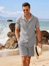 Camisa de praia de manga curta masculina, shorts de praia extragrandes, lapela casual, roupa sólida simples, verão havaiano