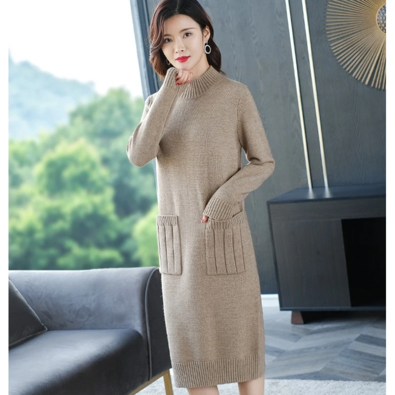Outono inverno feminino camisola de malha vestido sólido meia gola alta manga comprida pulôver de malha solto feminino vestido de camisola de fundo