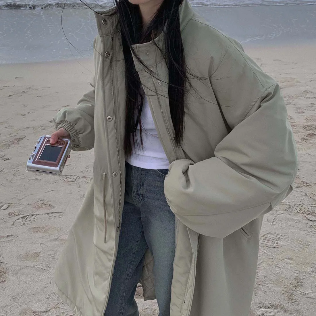 Women Parkas Long Coats Jackets Stand Collar Drawstring Coat Thick Warm Y2k Streetwear Jacket Work Outerwear Autumn Winter