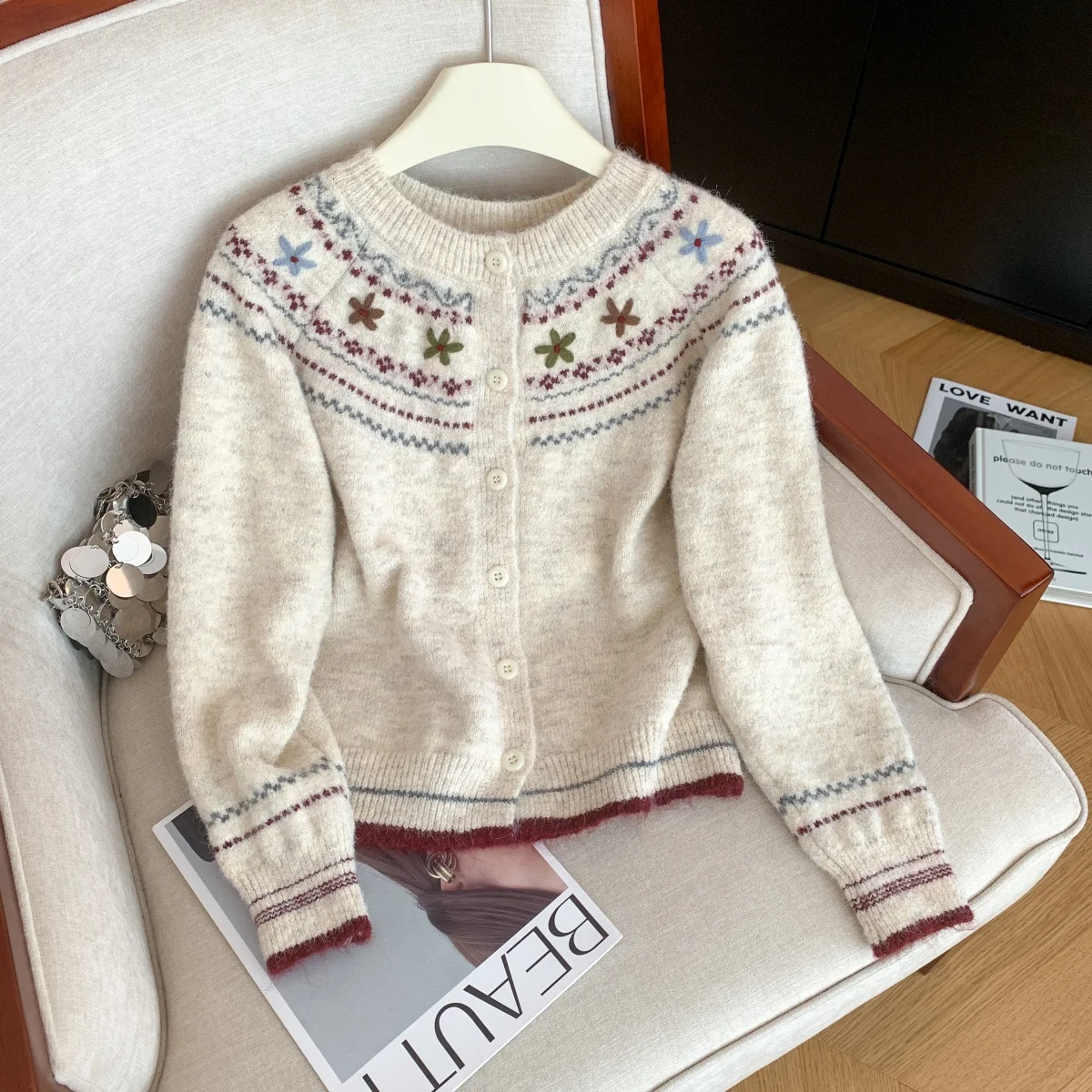 Women's Apricot O-Neck Cardigan Japanese Sweater Vintage 2000s Y2k Jumper Knitwear Long Sleeves Cashmere Sweater Spring Autumn