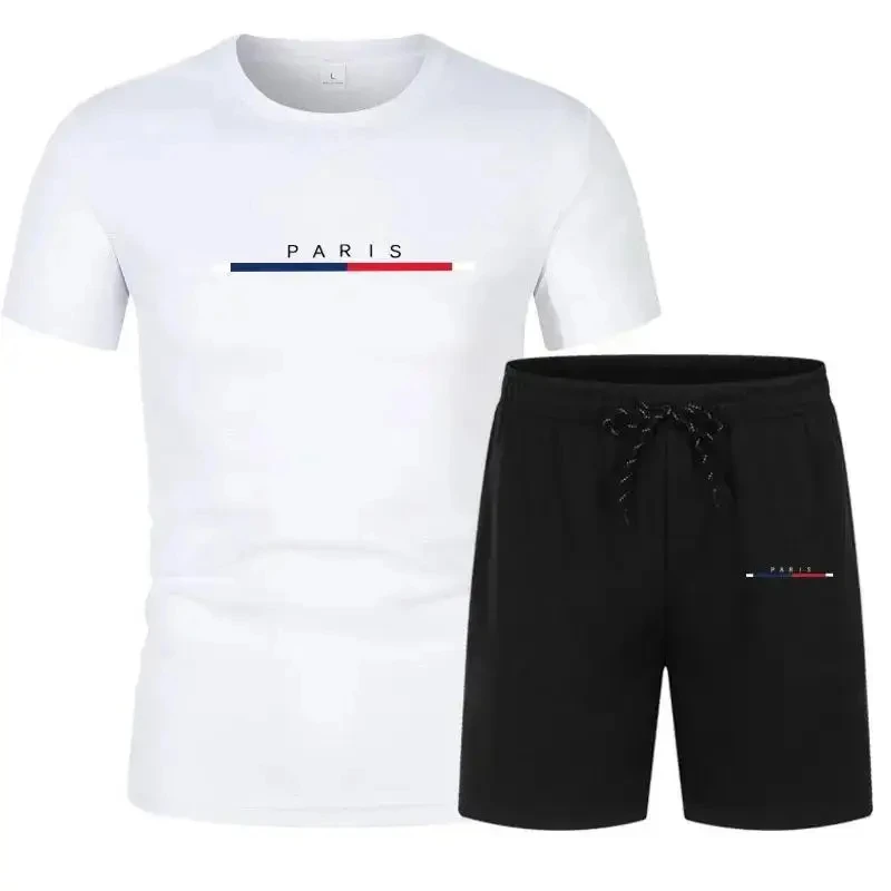 T-shirt da uomo e maniche corte, abbigliamento sportivo stampato parigi, asciugatura rapida, fitness, estate, nuovo di zecca, set da 2 pezzi