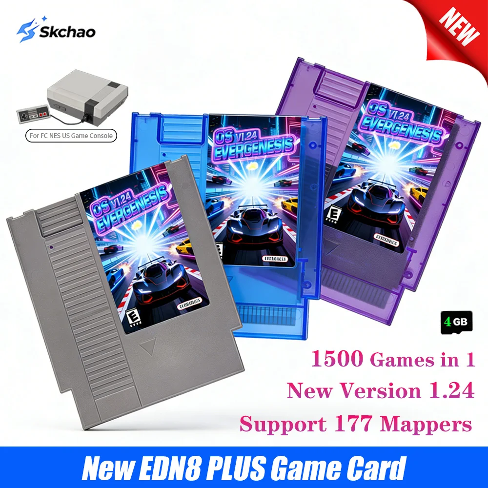 New EDN8 Plus Game Cartridge OS V1.24 Flash Card Support 177 Mappers with 1500 Games for FC NES US Vedio Game Console 4G TF Card