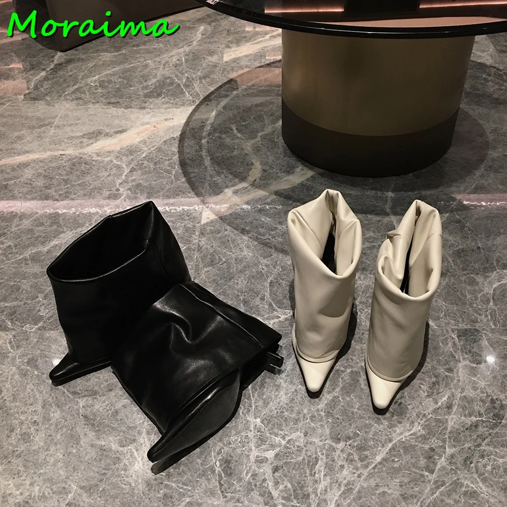 

Leather Pointed Toe Women Modern Ankle Boots Turned-over Edge Booties Stiletto Heel Slip On Black White Solid Fashion New Arriva