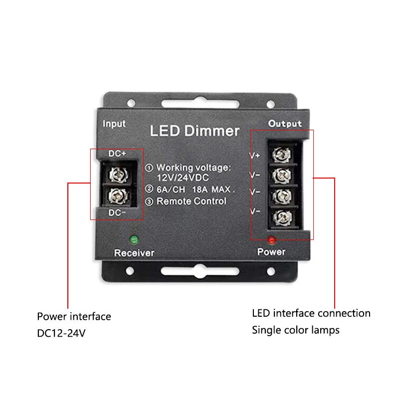 RF LED 단색 스트립 라이트 컨트롤러, PWM 램프 신호 조광기, 풀 터치 무선 리모컨, 12V, 24V, DC 18A, 1 채널