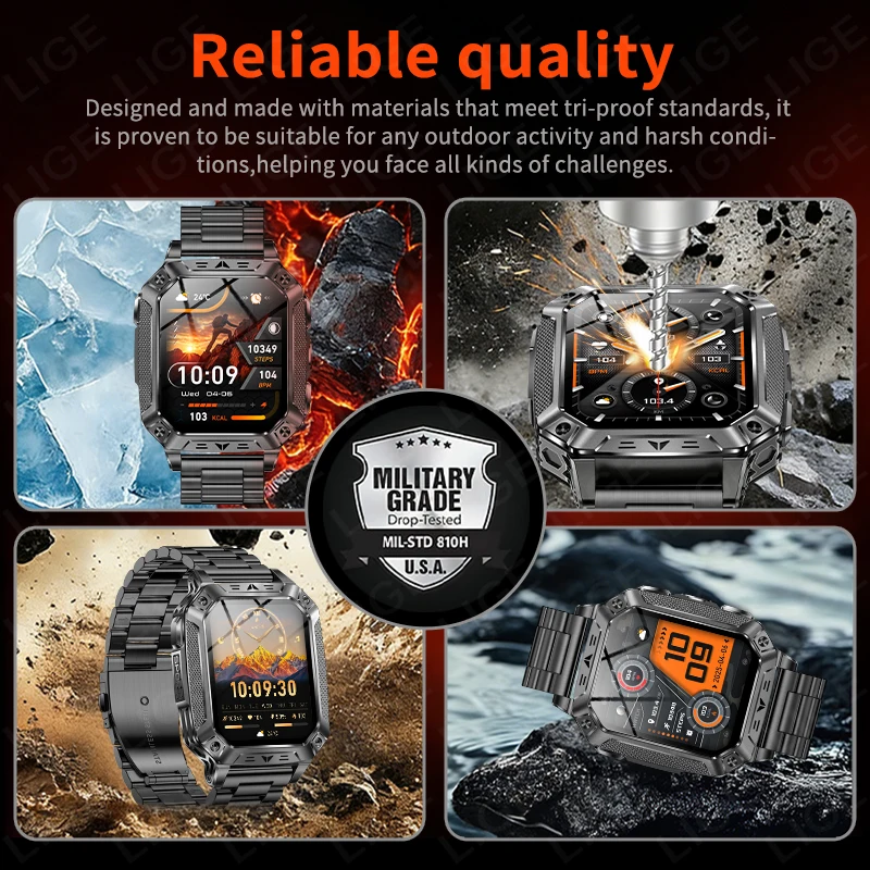 LIGE 2026 Outdoors Durable Military Men Smart Watch 1400mAh Battery 5ATM Swim LED Flashlight+SOS Red Light Sports Call Smartwatc