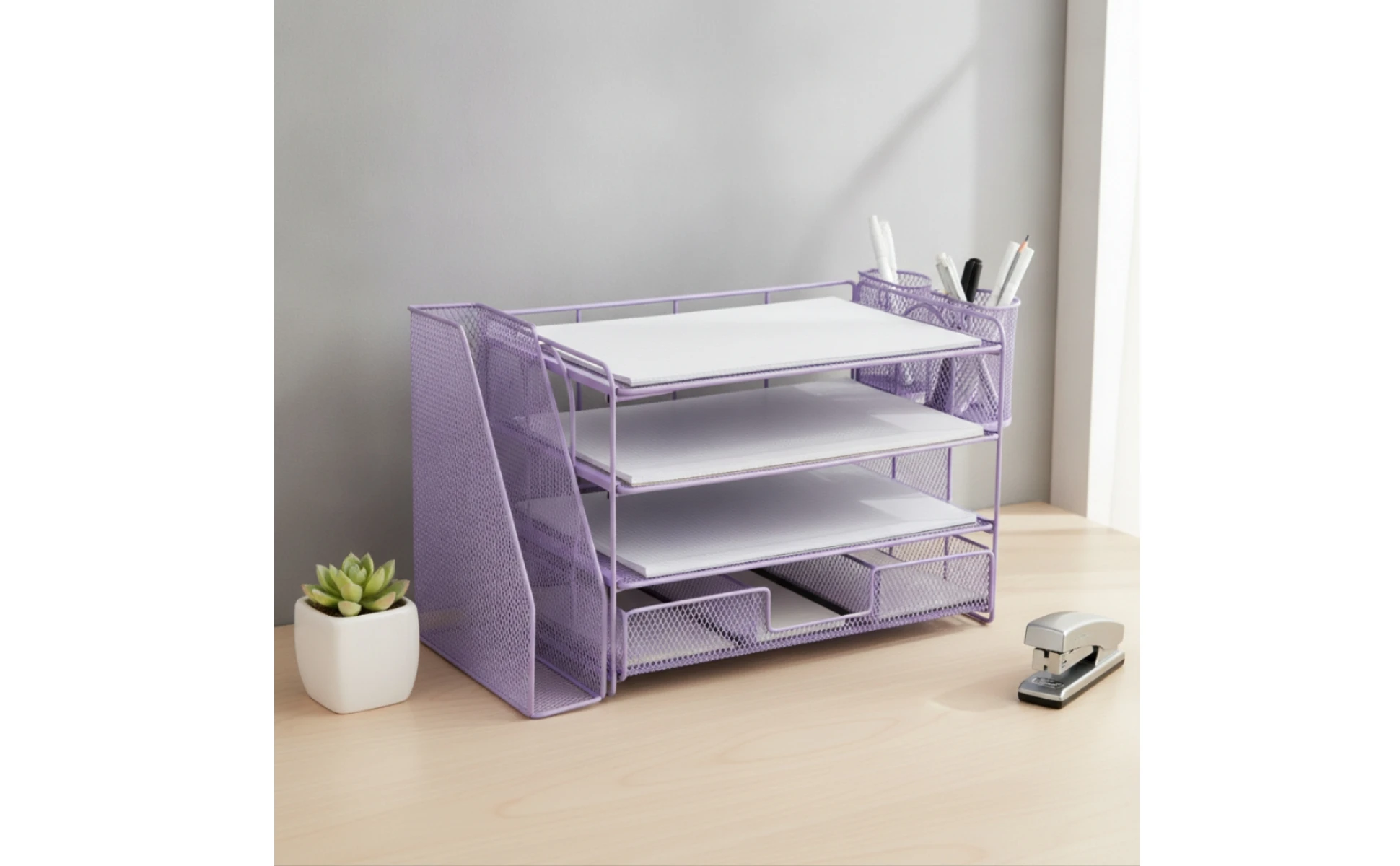 Mesh Desk Organizer with File Slot 4-Tier Desktop Organizer Rack Paper Letter Holder Open Design for Professionals, Office