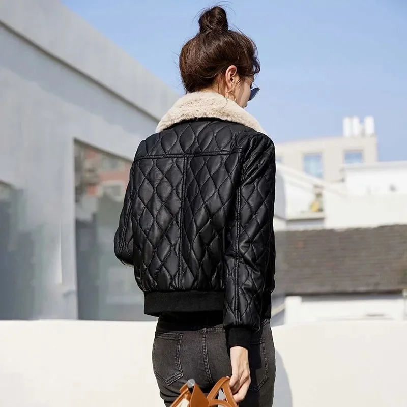 Women Autumn Winter PU Leather Jacket New Ladies Add Velvet Warm Leather Coat Detachable Fur Collar Short Top Lady Cotton Padded