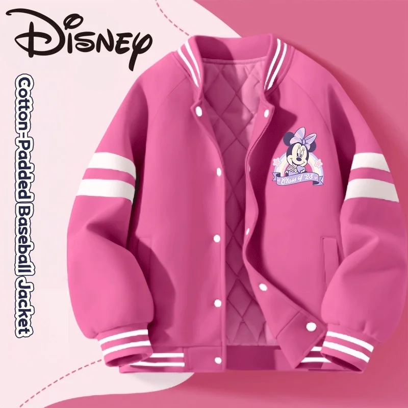 Veste de baseball pour filles Disney, rouge baie, imprimé Minnie, veste de baseball chaude pour enfants, automne et hiver, coupe-vent