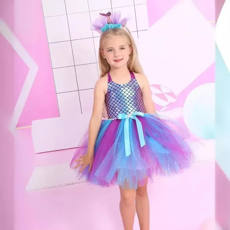 Little Mermaid Princess Dresses for Girls Kids Tutu Dress for Mermaid Birthday Party Costumes Halloween Clothes Set for Children