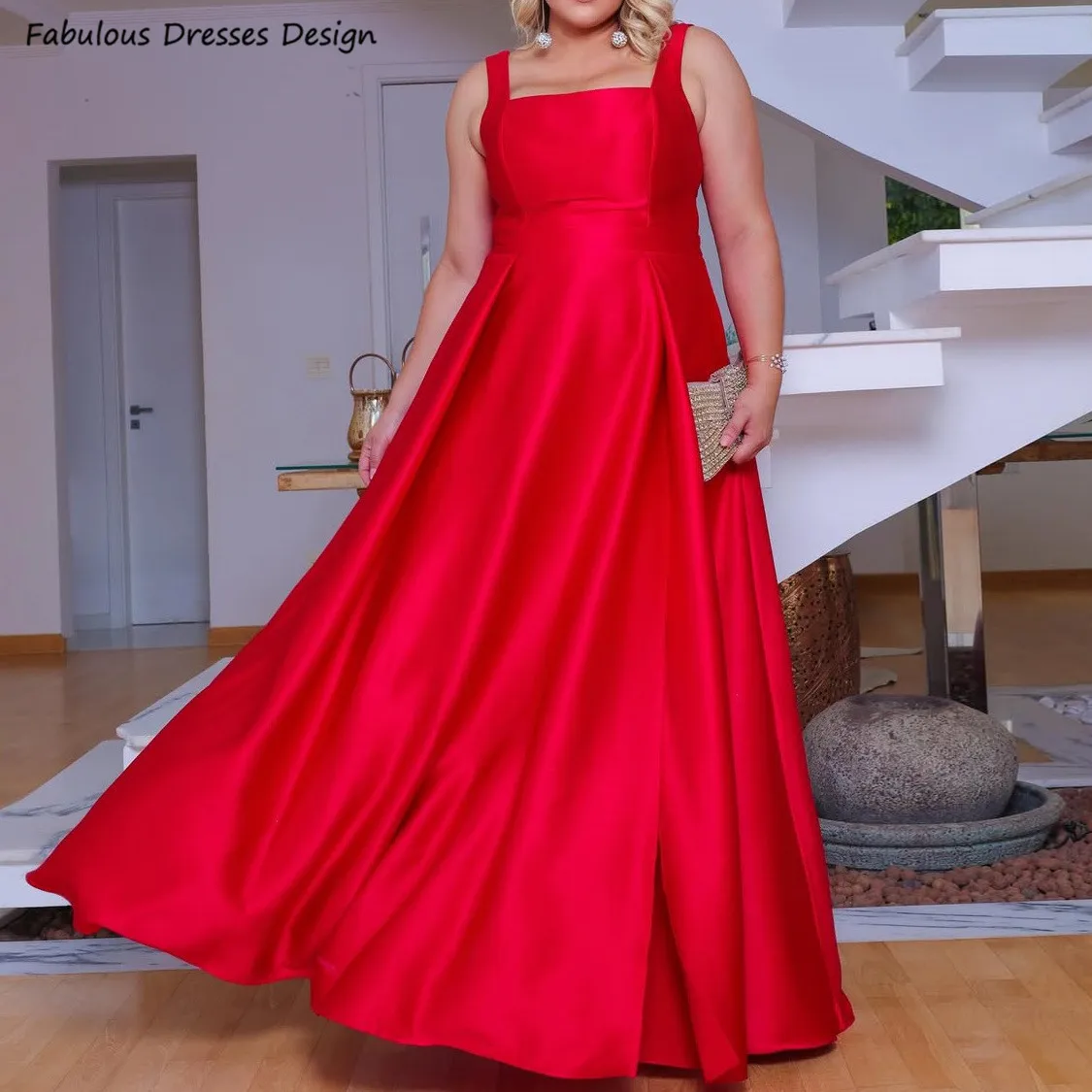 

Sexy Slit Backless Women Bridesmaid Dresses Red Satin Long A-line Pockets Wedding Party Dress Square Collar Prom Gowns