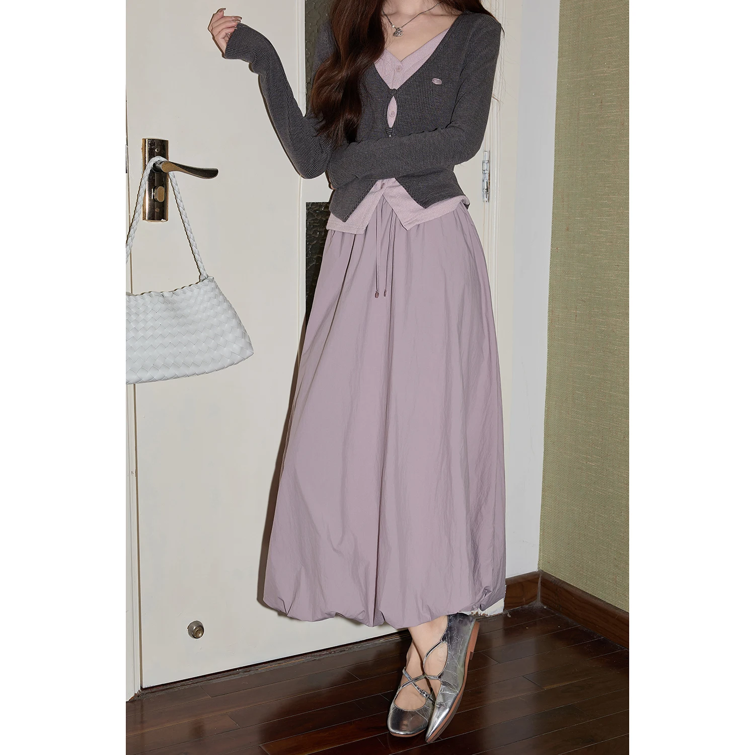 

Юбка-трапеция с высокой талией в корейском стиле, женская, весенняя, модная, фиолетовая, с цветочным узором, маленький размер