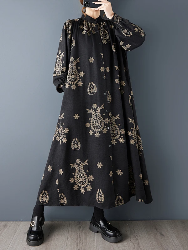 SuperAen 2025 봄과 가을 루즈핏 오버사이즈 스탠드업 칼라 패션 프린트 드레스 플리츠 패치워크 롱 엘레강트 셔츠 드레스