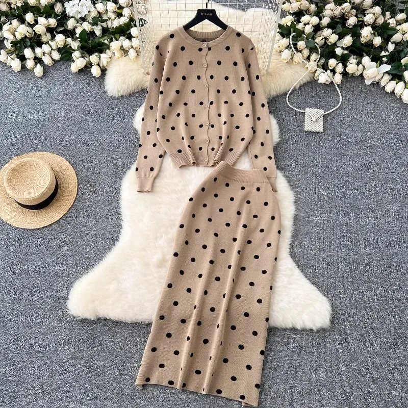 Neploe French High-End Small Fragrance Style Two Piece Set Femme 2024 Autumn O-Neck Polka Dot Knitted Sweater Hip Bag Skirts