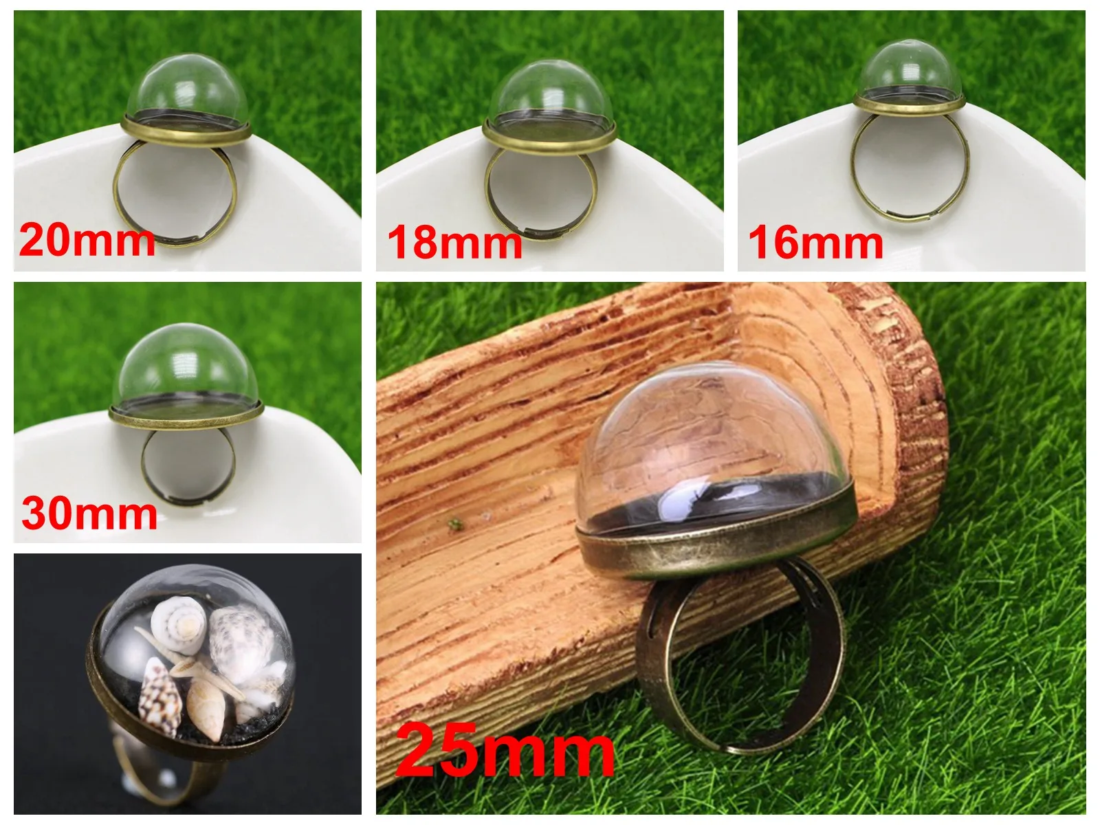 2 sztuk DIY brąz regulowany pierścień z przezroczystego szkła Dome Terrarium 1/2 Globe butelka medalion pamięci 16mm,18mm,20mm,25mm,30mm