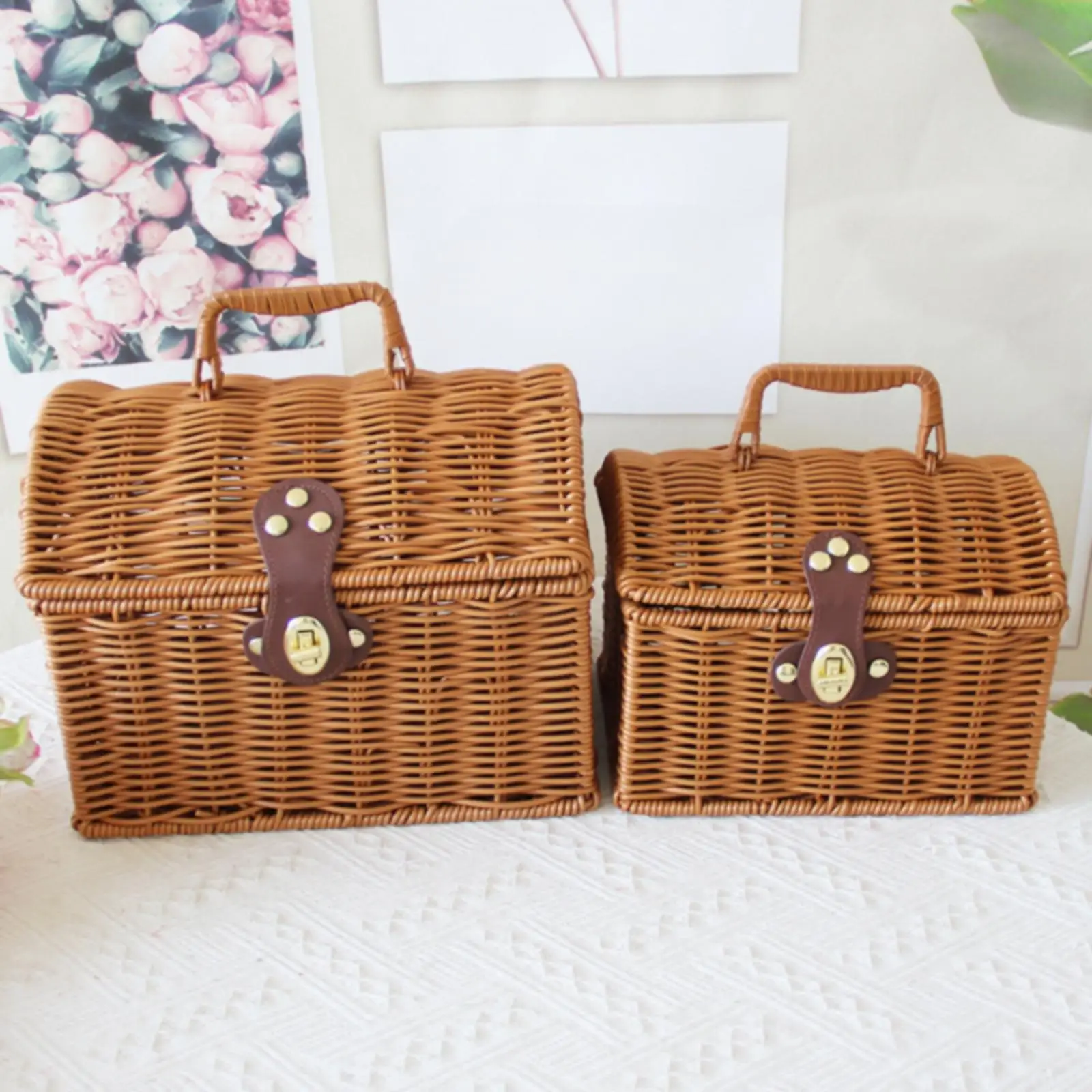 Handled Rattan Picnic Basket for Outdoor Scenic Outings Woven Storage Box with Clasp Closure