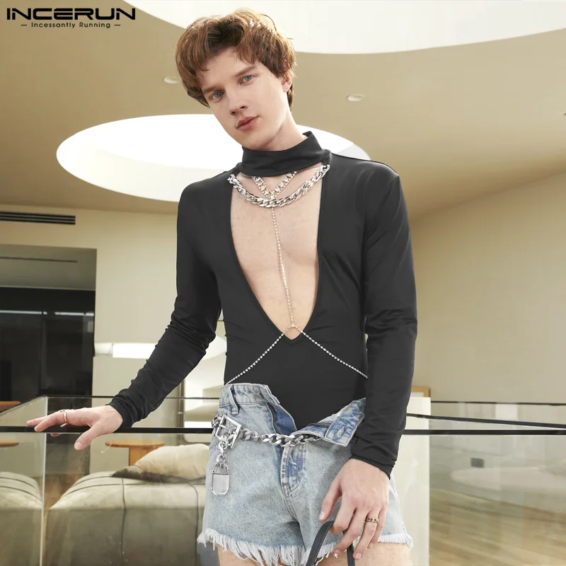 INCERUN 2024 Sexy Loungewear Men\'s Half High Neck Spliced Chain Deep V Jumpsuits Male Solid Long Sleeve Triangle Bodysuits S-5XL