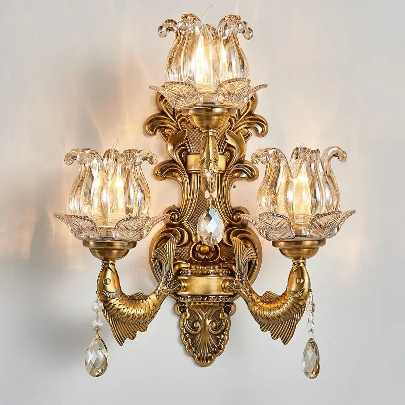 European Retro Luxury Crystal Wall Lamp Living Room Background Wall Light Villa Lights Bedroom Bedside Lamp Candle Lamp LED Deco