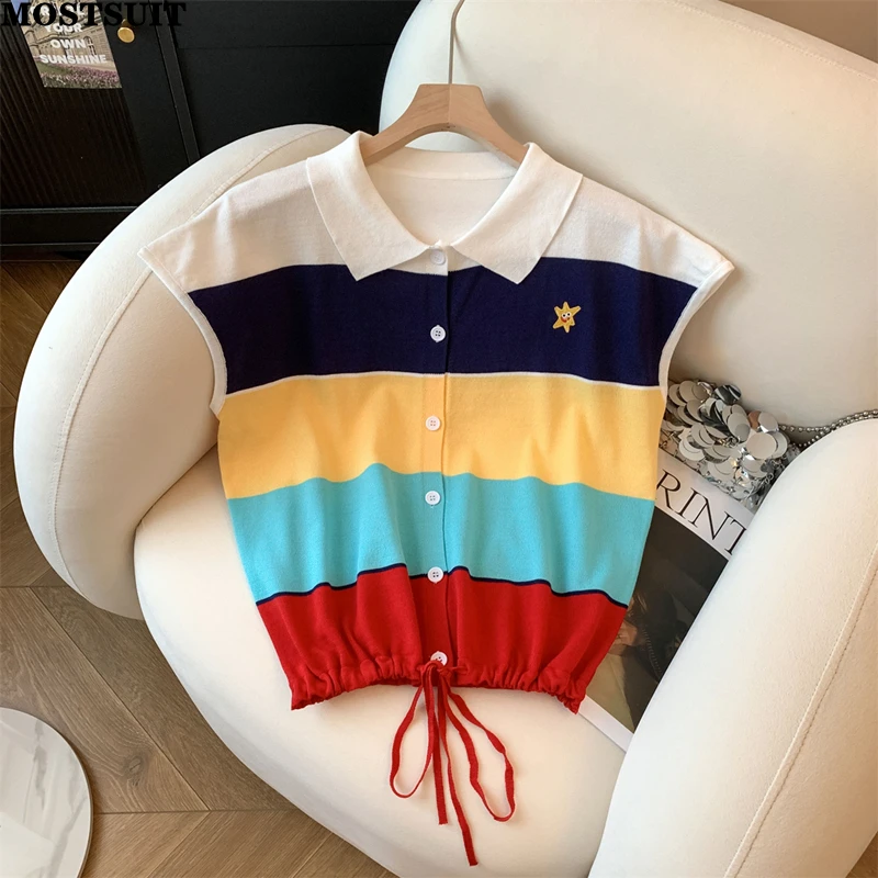 

Dopamine Colorful Striped Sweater Vests Women Knitted Tops T-shirts 2025 Summer Drawstring Stylish Chic Fashion Knitwear Tees