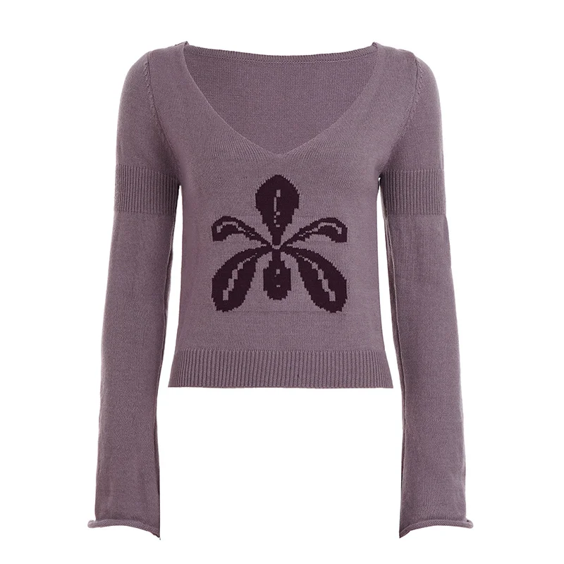 

Casual Floral Knitted Sweaters Slim Deep V-Neck Long Sleeve Pullovers Women 2025 Autumn Winter Fashion Streetwear Ladies